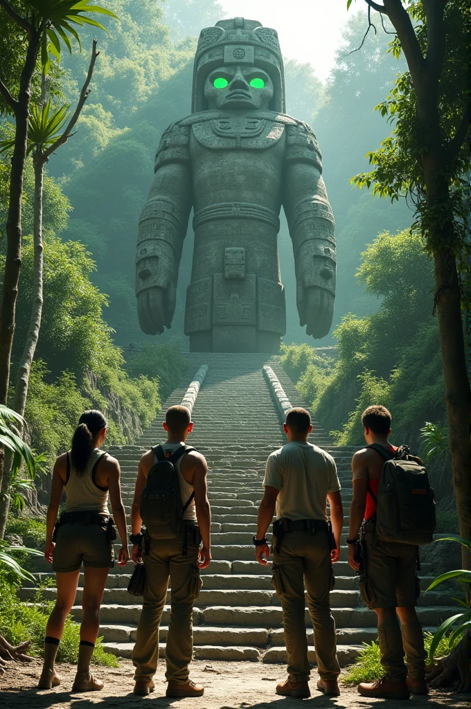 Create an image where four archaeologists, a woman and three men, are in a lost city in the Amazon jungle, in front of them there is a large statue with green eyes and around them there are stairs with symbols.