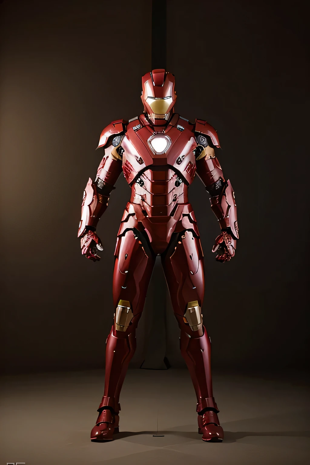 A full-body image of a red and gold Iron Man-inspired armor, standing upright in a strong and aggressive pose. The armor features sleek, angular designs with sharp edges, conveying power and intensity. The helmet has a narrow visor with a glowing light, and the chest piece has a glowing arc reactor at the center. The arms and legs are muscular with intricate mechanical details. The background is a flat, plain white, allowing the vibrant red and gold colors of the armor to stand out prominently.",
"size": "1024x1792