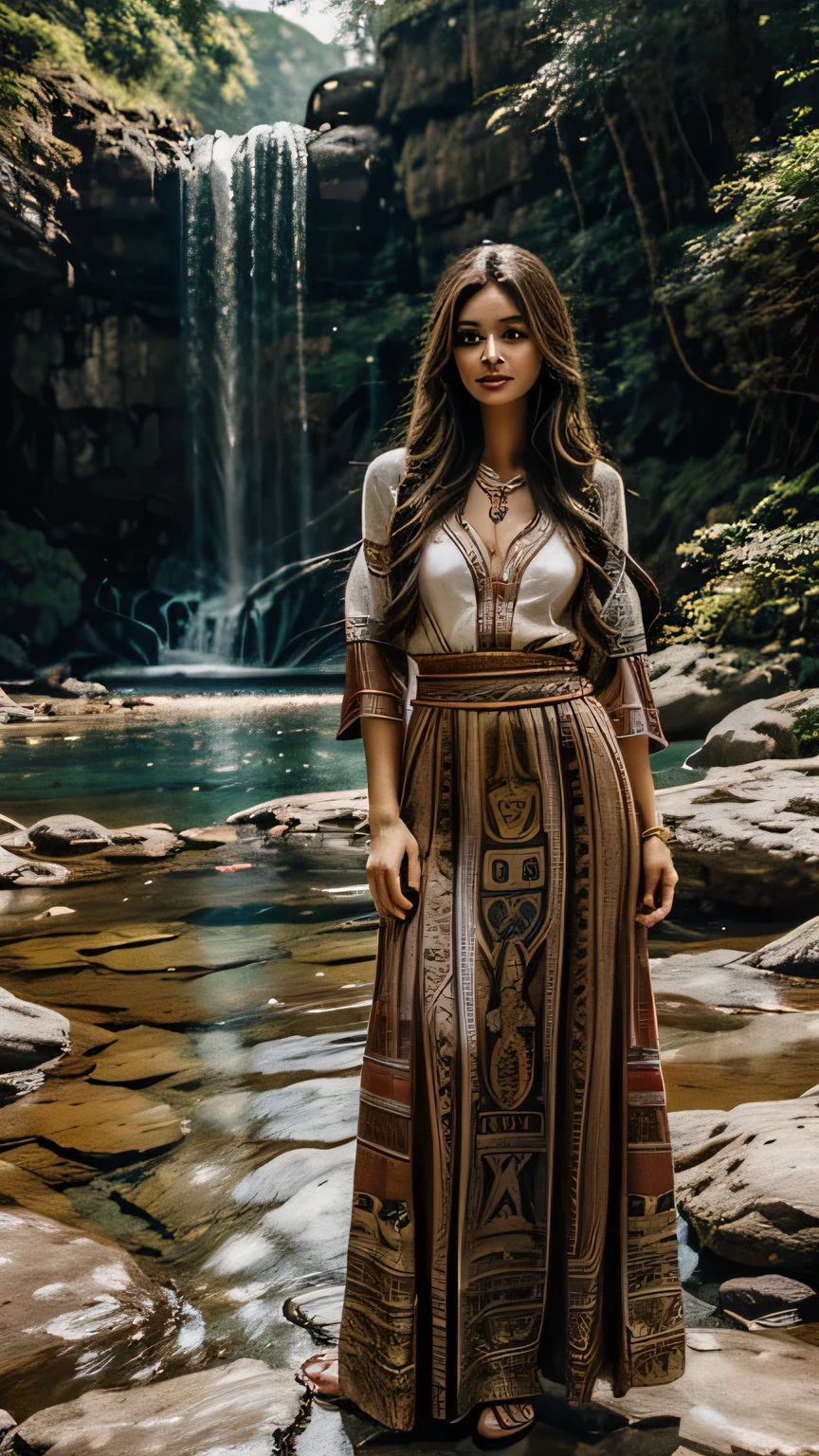 attractive woman, light brown skin, long brown hair, low neckline, white tunic, wearing decorative corals on her clothes, taking water with her hands, in front of a waterfall. Viking