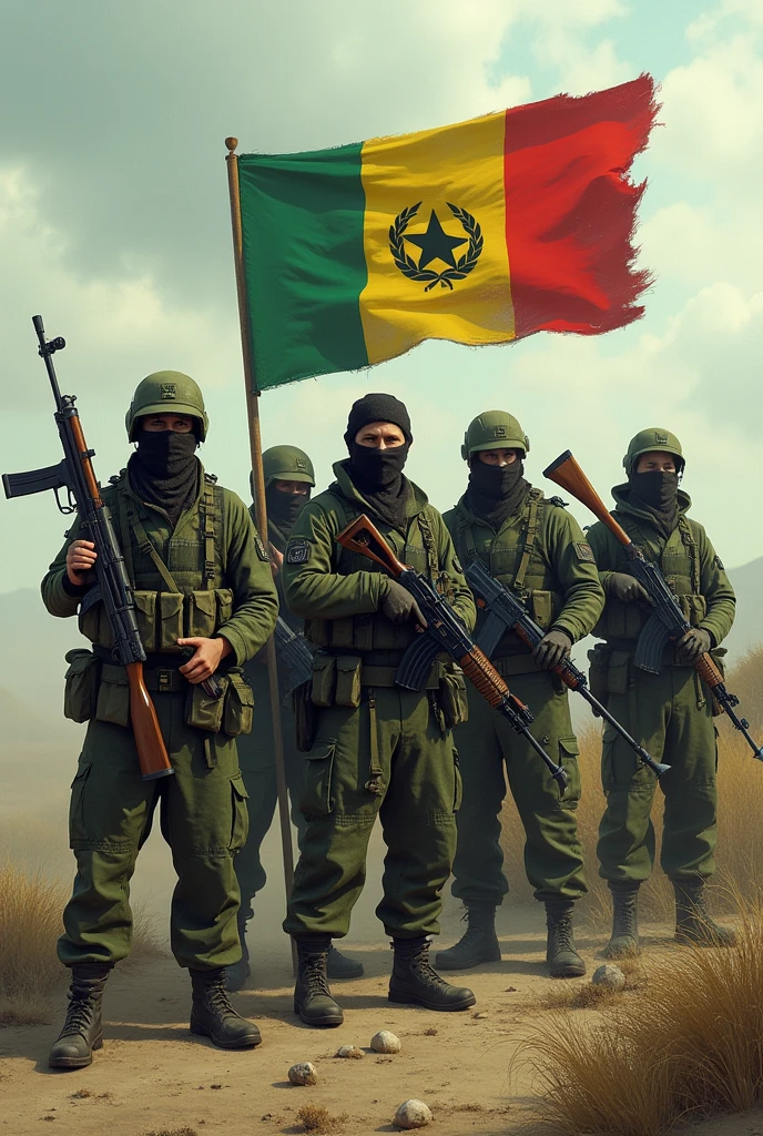 Guerilla fighters with green yellow and red color  logo and flag conservatively, made their own weapons like sniper,rocket Ak 47 and heavy weapons.