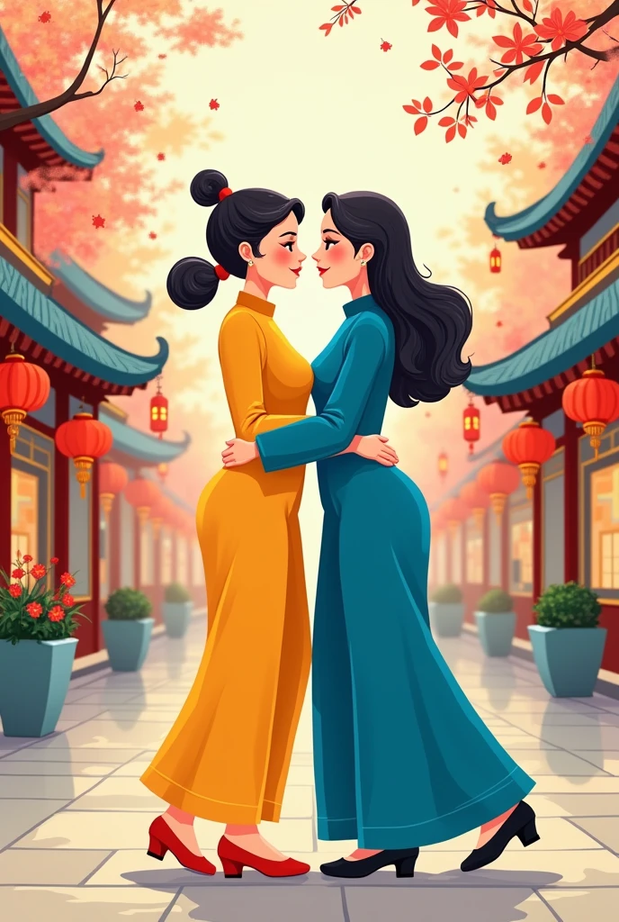 Black lesbian couple Beijing. A thin woman in yellow clothes and a fat woman in royal blue clothes cartoon