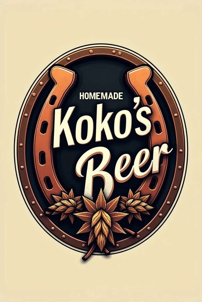 Logo for my company, should be macho. use horseshoe, gear, copper, manly items, 1 hops and my company name, “Koko׳s homemade beer” as a centrepiece. Oval.