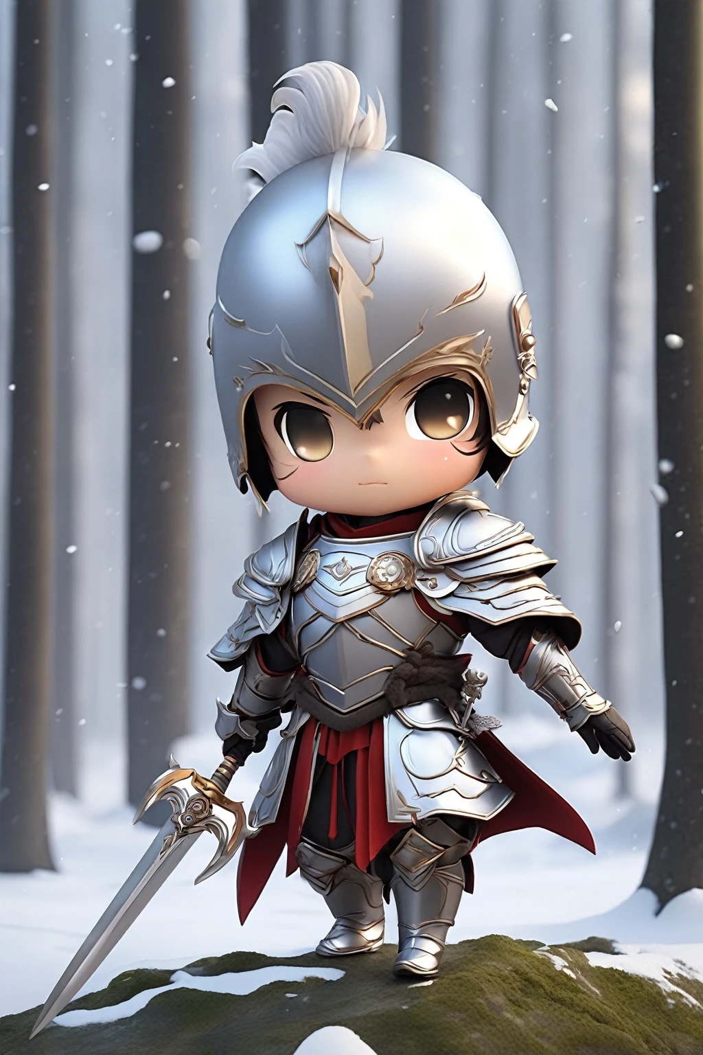 1 chico, Alone, chibi, wearing armor, Cold, forest, holding a rapier