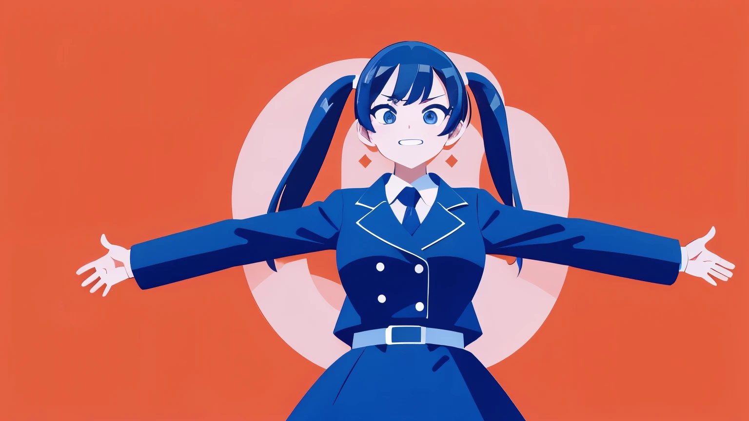 Solid color background, Raise arms, spread hands, cowboy shot, from front above, 1girl, twintails, school uniform, coat, grin, glaring,