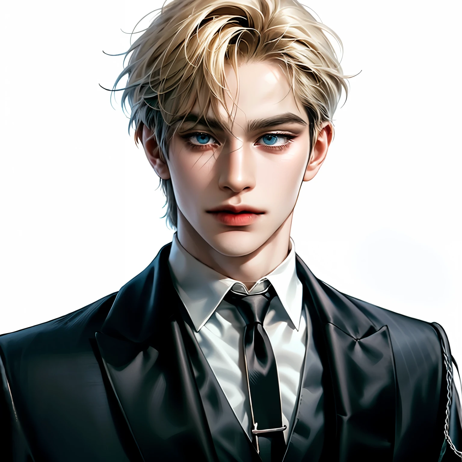 (masterpiece,best quality,ultra_detailed,highres,absurdres),1 mature male, 22-ish, (wide shoulder), (muscular), male focus, solo, light blonde hair, chain, shirt, black necktie, necktie, blue eyes, upper body, short hair, looking at viewer, smile face, parted lips, round eyewear, long sleeves, white shirt, streets background, monocle, jewelry.