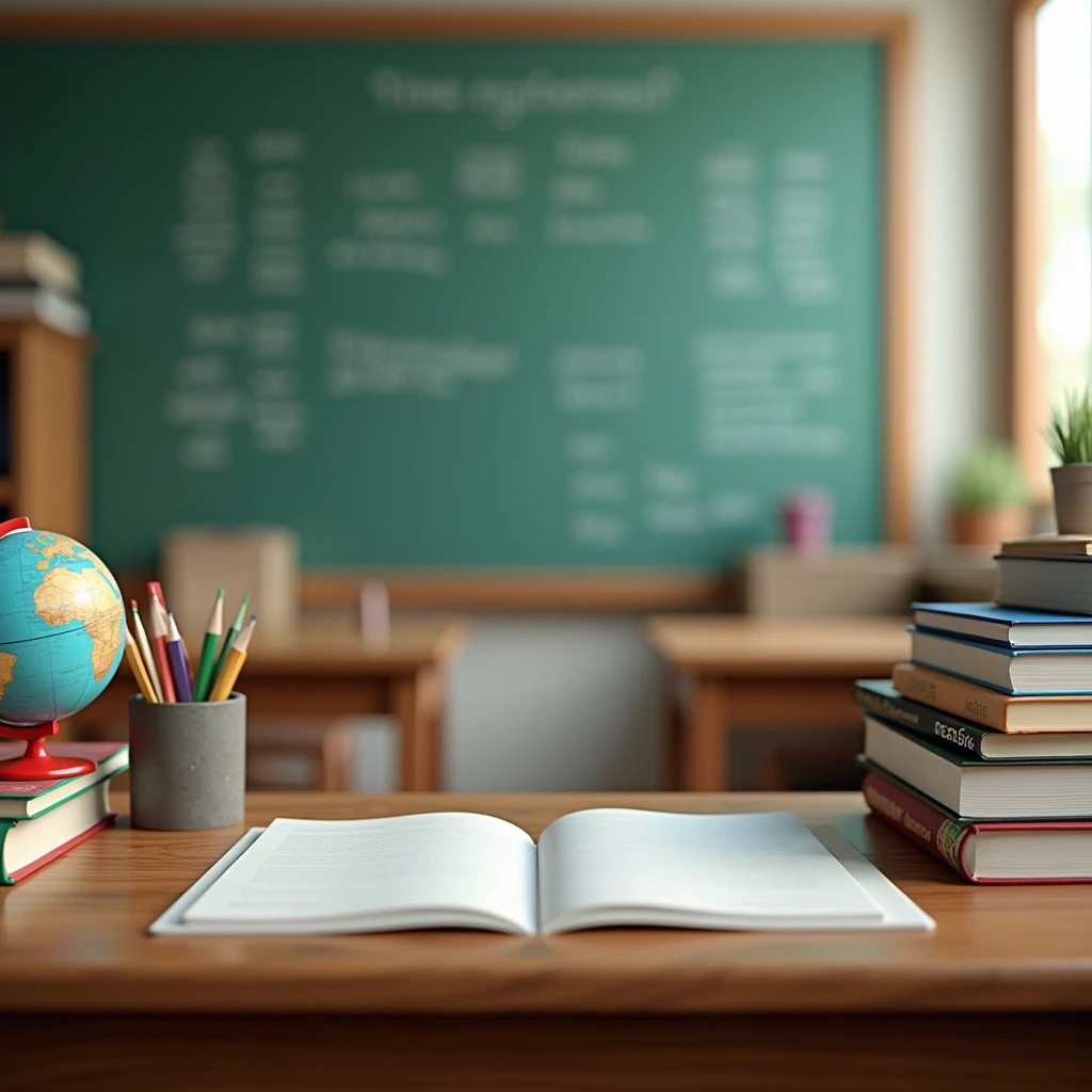 Back to School themed background with a neatly organized desk, stacked books, globe and pencil holder on a soft blurred classroom background. Best Quality, Masterpiece, Ultra High Definition,