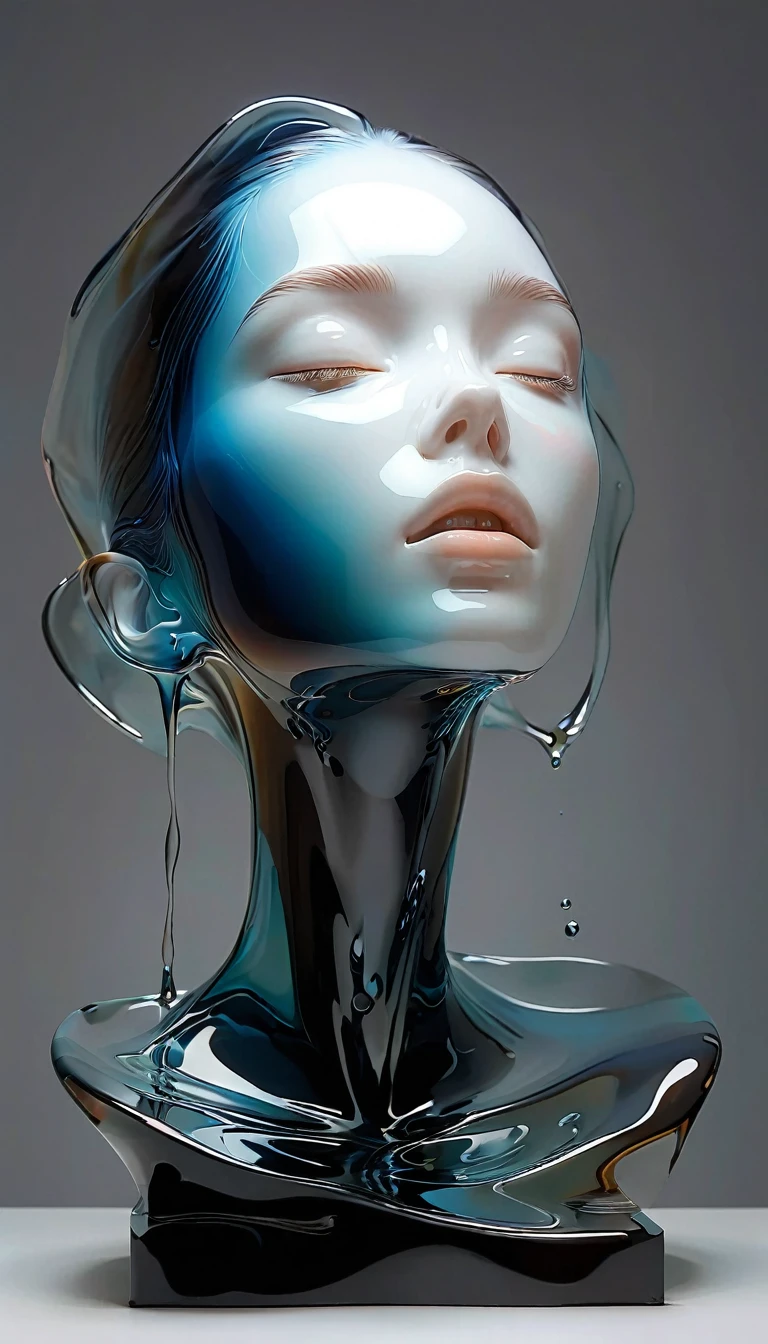 graphic design，large black canvas，A sense of spaciousness，blank，1 color glass transparent 3d portrait sculpture，Bottom flow melting，面部radiation线路，simple，minimalism，Beautiful girl，Soft and elegant colors，，dark background，radiation