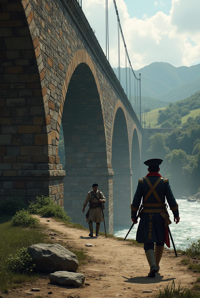 Create the scene of the battle of the Boyacá bridge in which José María Barreiro hides in the stone of the Boyacá bridge and Captain Pedro Pascasio Martínez captures him