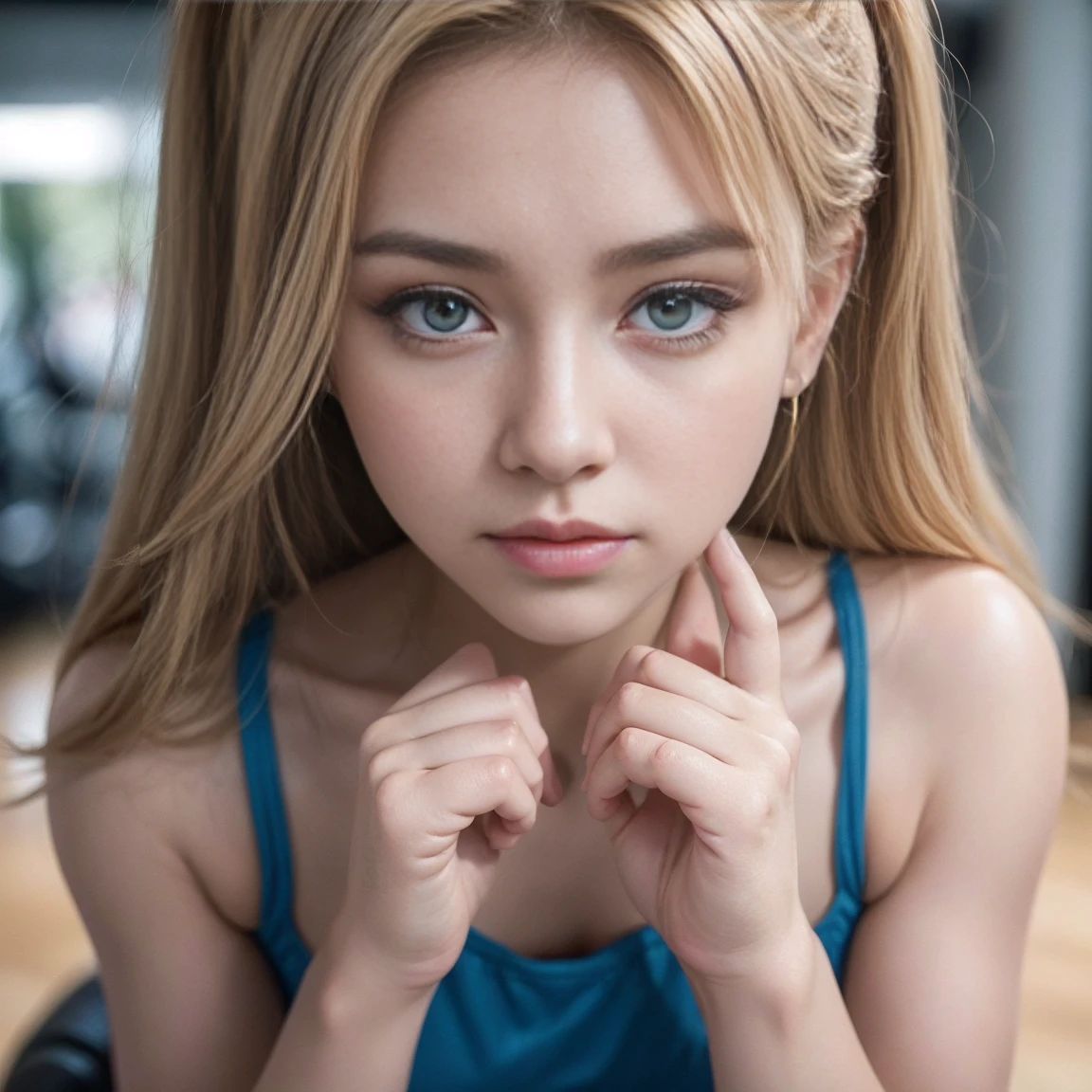 Instagram photo of a 30 year old girl with blonde hair and brown eyes, glad, expressão glad, cloused mouth, boyfriend lips, details Intricate, Shallow depth of field, very detailled, detail du corps tres texturer et detail perfect, of three beautiful hands, detailed back ground, blue fitness clothing, in gym, Magnificent, boss of'work of art, prime, very detailled, Detailed texture skin, (flush: 0.5), (shiver: 0.5). (the most boyfriend woman in the world) (brown-hair) (小柄, curly hair, wild hair, elegant cut) visage Sting, fine nose, boyfriend, very boyfriend, perfect face, Sting body (Sting), (brown-hair) (Brown eyes ) (Caucasian skin) boyfriend corps, west face, predatory eyes, pink lips, thick-thighs. the whole body, Western Beauty, fine nose, boyfriend, perfect, ((best qualityer)), ((ultra resolution)), ((photorrealistic: 1.4)), (details Intricate), perfect face, make up: 1.5 , clear face, detalhes faciais. from front view (('s uniform, tactical costume, disguise'Agent, peek))