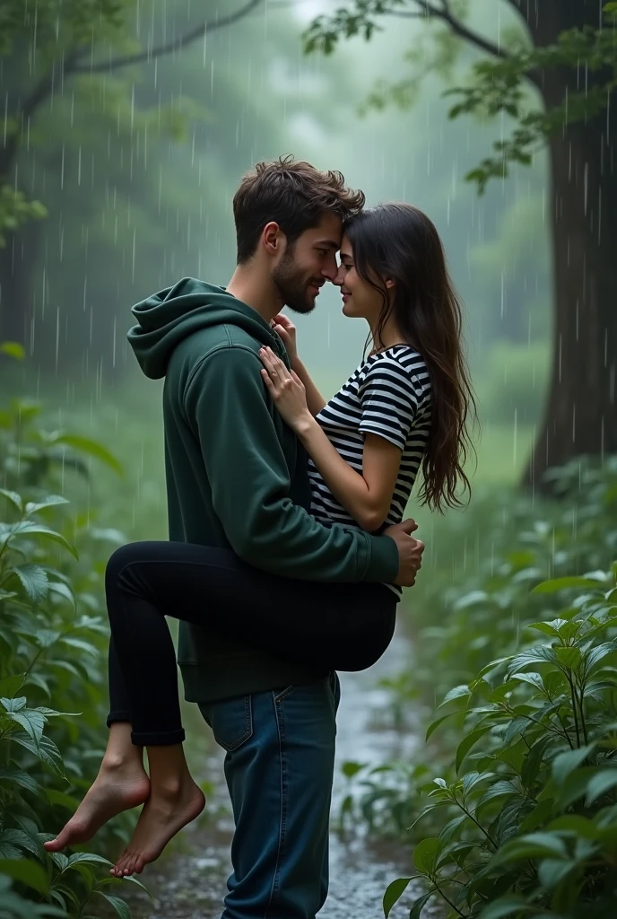 A 19 years old boy who wears a dark green colour hoodie and blue colour denim pant with little bit of beard lifting and carrying a 19 years old girl horizontally who wears a black and white colour horizontal line t shirt and black pant hugging him in his hands realistic in between lots of trees and grasses filled with rain water