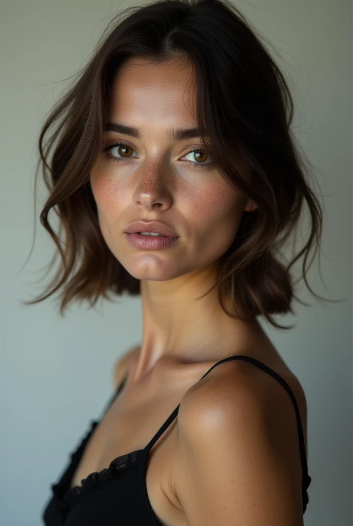 A pretty with shoulder length hair, she is wearing a black dress, head and shoulders in photo, she has freckles and she is looking into the camera