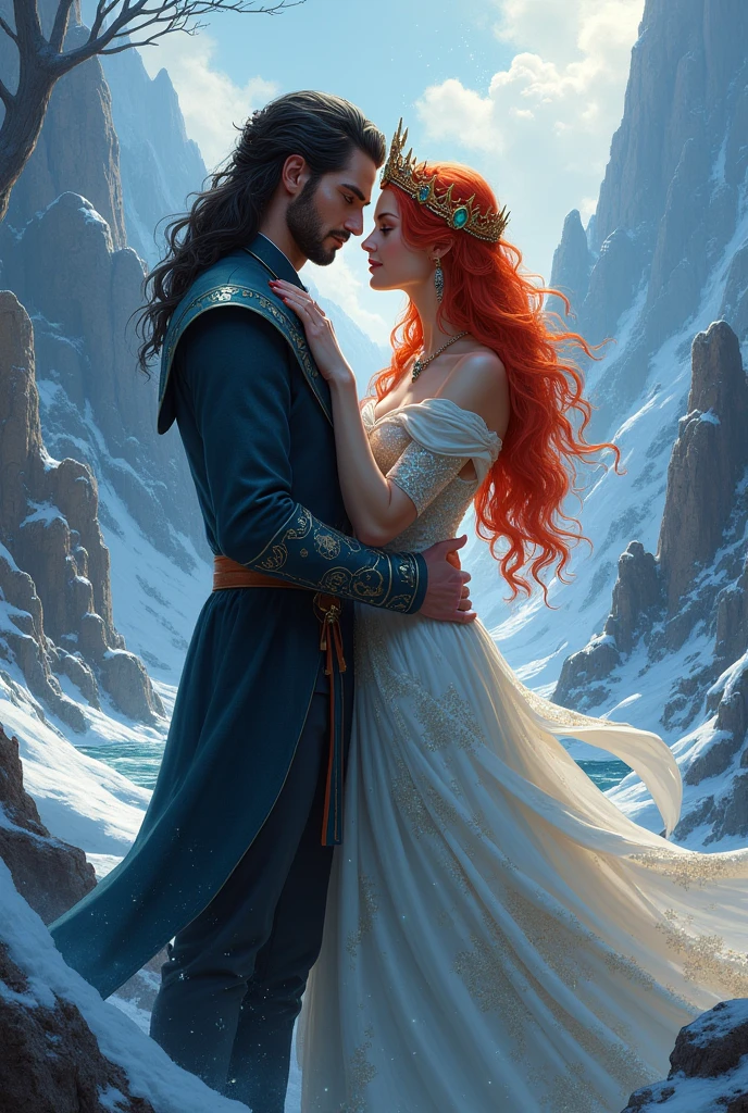 Red-haired witch princess with short black-haired prince hugging in Jötunheim.