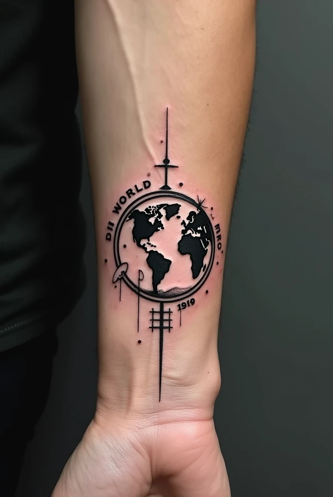 Tattoo template on the theme of world domination for the outer area of the wrist, much smaller and with a globe without background, more dynamic 