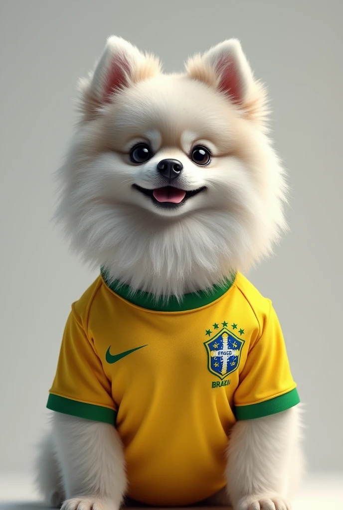 White and gray Pomeranian dog wearing the Brazilian national team shirt
