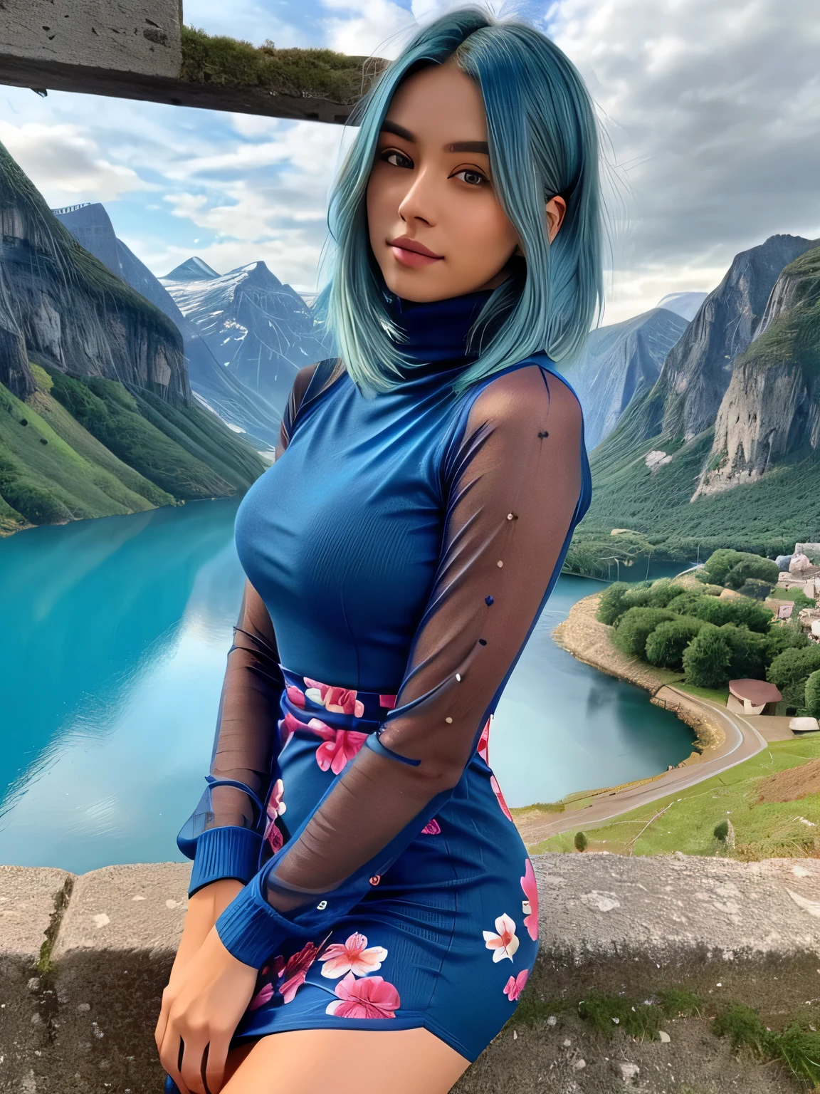 (blue hair:1.4), short hair, realistic green eyes, cobalt hair, long bob hair, tousled hair, shoulder length hair, Full body, woman with white skin and Asian features, 24 year old, big breast. Her face has an oval shape with high cheekbones that add to her model-like appearance. (crack), detailed (texture!, shine, color!!, flaws: 1.1), highly detailed glowing eyes, (looking at camera), specular light, dslr, extreme quality, crystal clear, cute face, detailed skin pores, oil Dark skin, brown, complex eye details, she is far from the camera, A full-body portrait, captured from a distance. Dynamic Frame, 8K, beautiful, realistic, (scenic view from beautiful european landscape:1.3), looking at viewer, full body shot , ((colorful floral print tight turtleneck dress)), (short hair:1.3)
