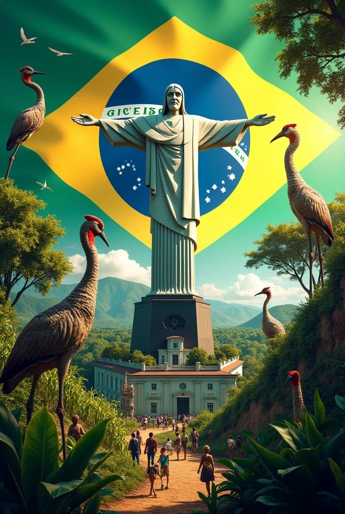 Create a Brazilian flag with the original colors,with Christ the Redeemer, coffee cranes, and berimbaus,and sugar cane 