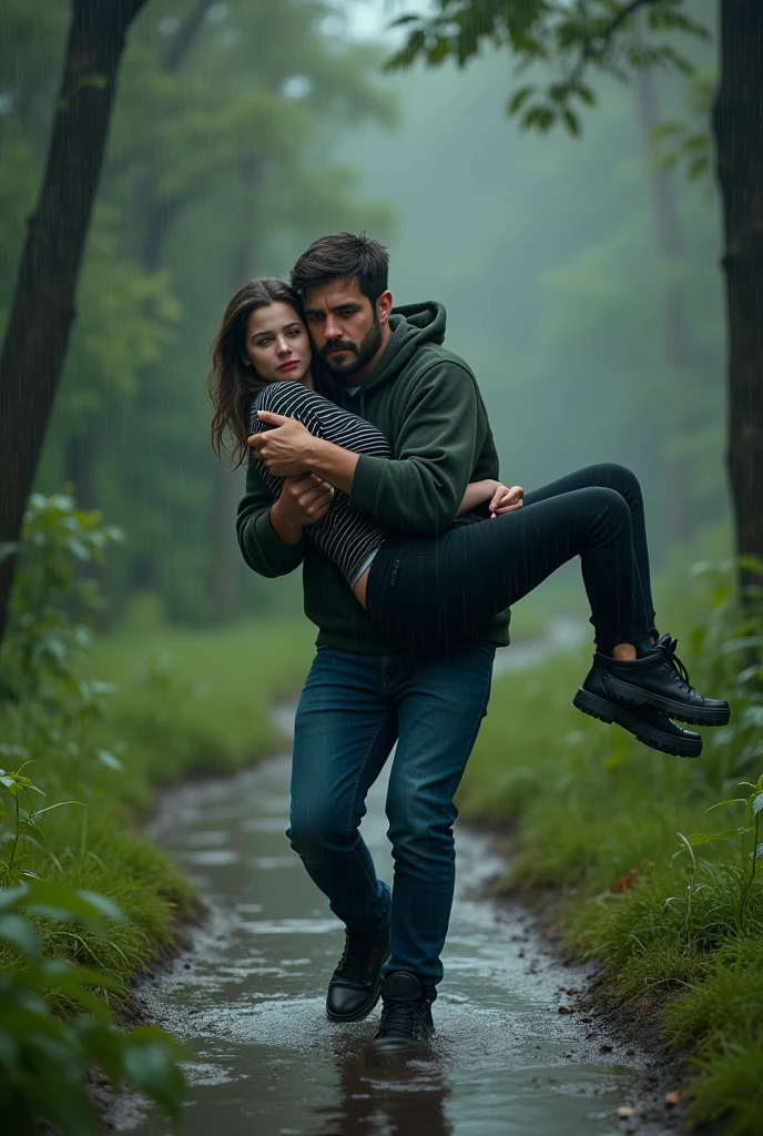 A 19 years old boy who wears a dark green colour hoodie and blue colour denim pant with little bit of beard lifting and carrying a 19 years old girl horizontally who wears a black and white colour horizontal line t shirt and black pant hugging him with little scare in his hands realistic in between lots of trees and grasses filled with rain water