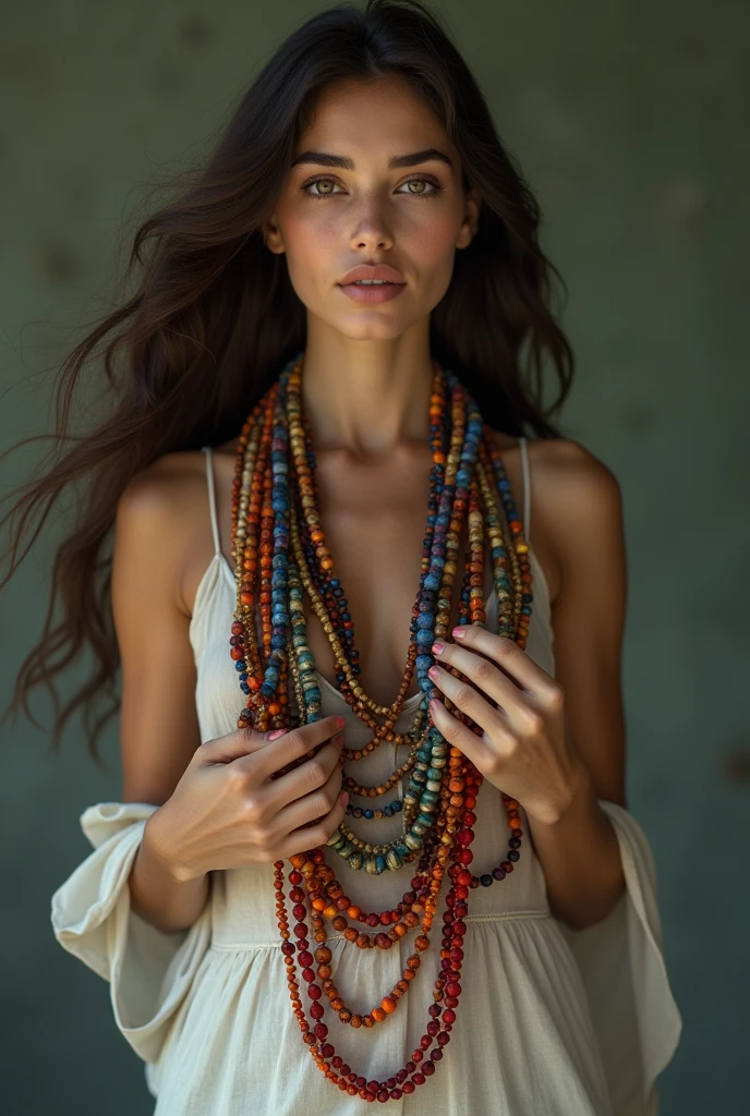 make a woman white holding her colorful umbanda protective bead necklaces