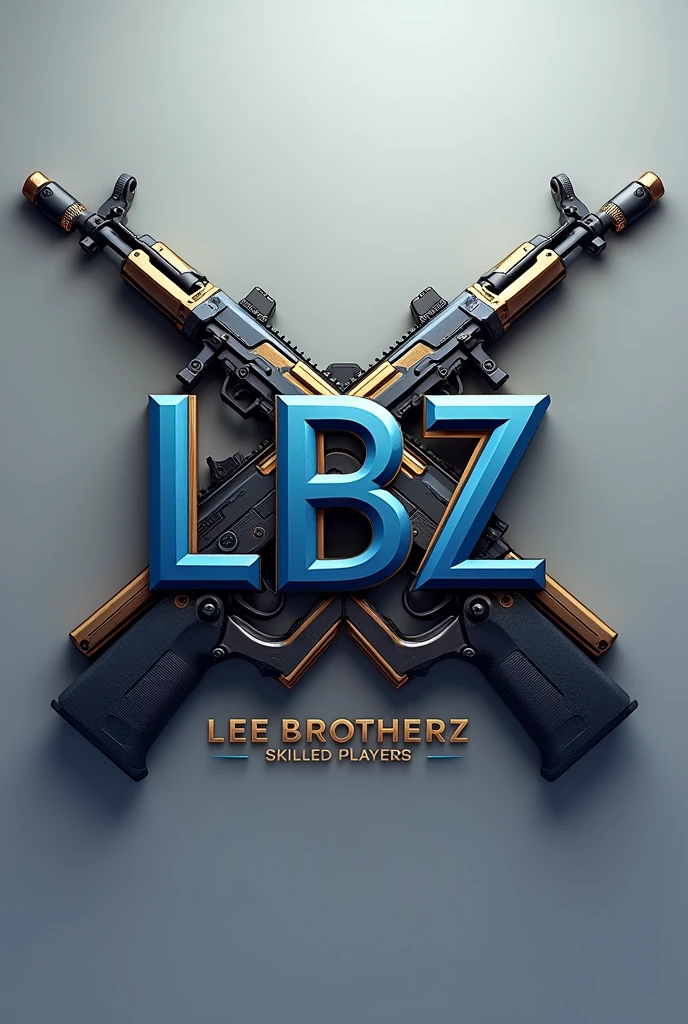 Design a sleek and simple 3D logo featuring the letters 'LBZ' in an elegant style. Use a vibrant color combination, such as deep blue, rich gold, and silver, for a premium appearance. Place two Free Fire UMP guns crossed behind the 'LBZ' letters, ensuring they are clearly visible but don't overpower the logo. Additionally, include a Free Fire MP40 gun, either below or slightly to the side of the 'LBZ' letters, positioned in a way that complements the overall design. Below the logo, include the text 'Lee Brotherz' in a clean, minimalist font, and beneath that, in a smaller size, add 'SKILLED PLAYERS.' The design should be visually striking, with a balanced blend of the guns and letters, creating a dynamic and professional look."