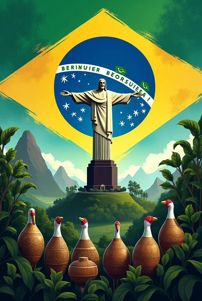 Create a Brazilian flag with the original colors,with Christ the Redeemer, coffee cranes, and berimbaus,and sugar cane