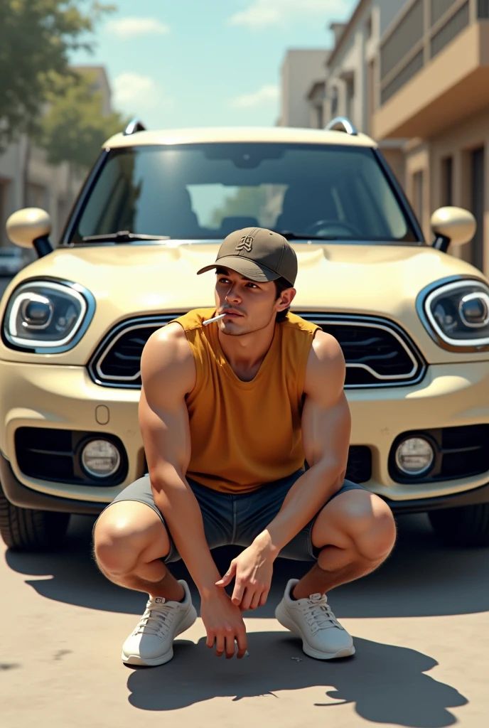 Create a picture of a young man. The man has brown hair. The man has a cap on. The man is wearing shorts. The man smokes a cigarette. The man has an angular face. The man kneels in the Russian squat in front of a new car Mini Countryman. The new car Mini countryman is beige.The man looks forward. The man is wearing white running shoes. The man is well trained.