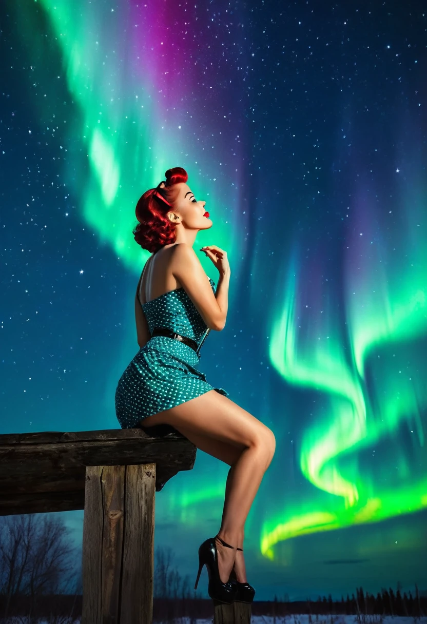 A woman in a pinup style looking at the sky in the night, looking the aurora 
