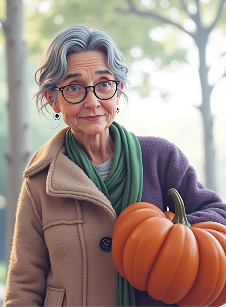 a detailed portrait of an elderly woman with glasses, wearing a purple coat and green scarf, standing in a park, (best quality, 4k, 8k, highres, masterpiece:1.2), ultra-detailed, (realistic, photorealistic, photo-realistic:1.37), HDR, UHD, studio lighting, ultra-fine pai
