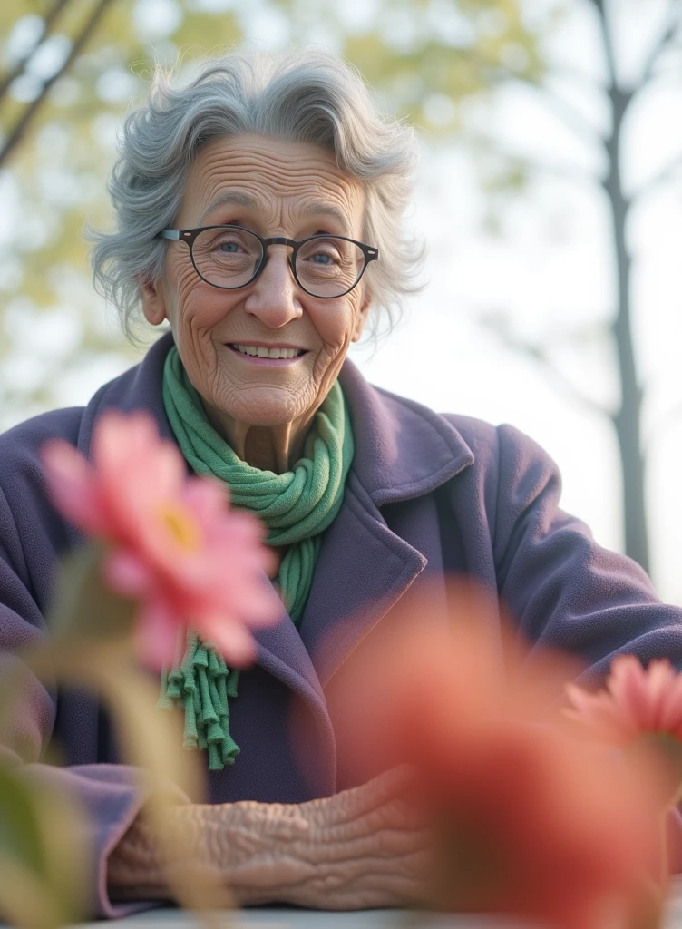 a detailed portrait of an elderly woman with glasses, wearing a purple coat and green scarf, standing in a park, (best quality, 4k, 8k, highres, masterpiece:1.2), ultra-detailed, (realistic, photorealistic, photo-realistic:1.37), HDR, UHD, studio lighting, ultra-fine pai