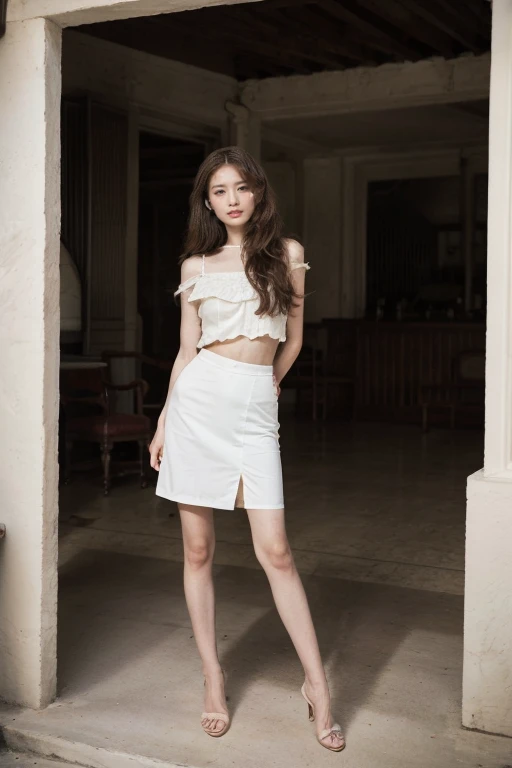 best quality, masterpiece, (Practical: 1.2), 1 girl, Delicate face, beautiful eyes, big eyes, Small Breasts, cleveage, Long skirt,Long legs,Full body portrait