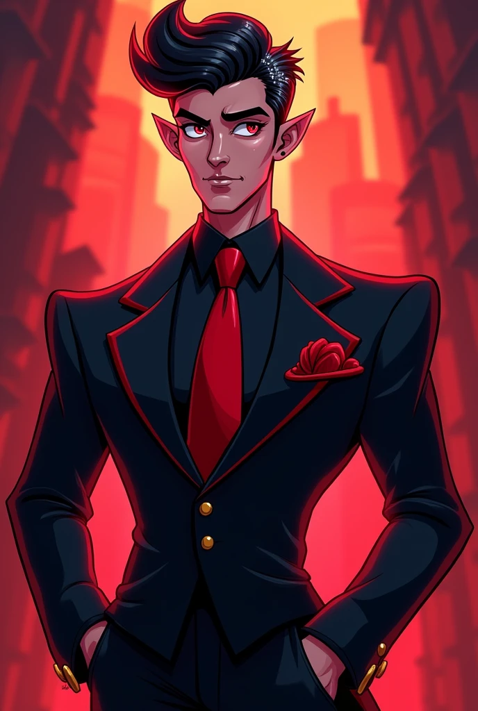 (Hazbin Hotel Toon Style Image) Create a demon, hellborn guy, Geronimo he sports a sleek black suit with red accents. His hair is styled impeccably, with a subtle sparkle that hints at his royal lineage.