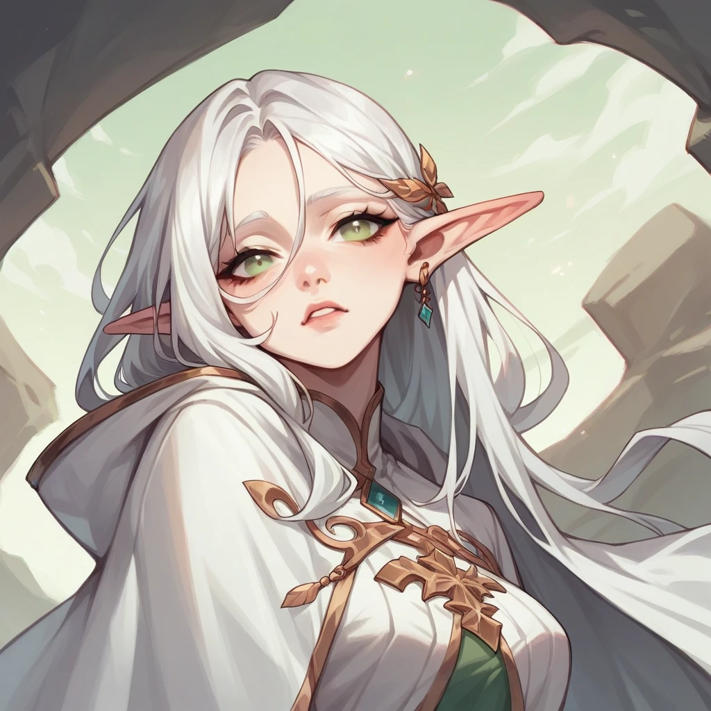 An elf with long white hair and a calm face in a white cloak 