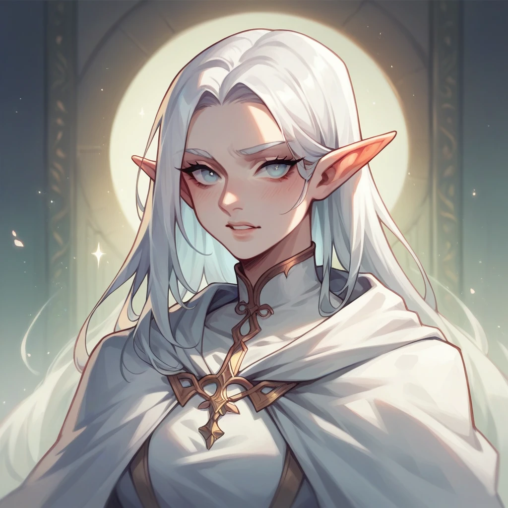 An elf with long white hair and a calm face in a white cloak