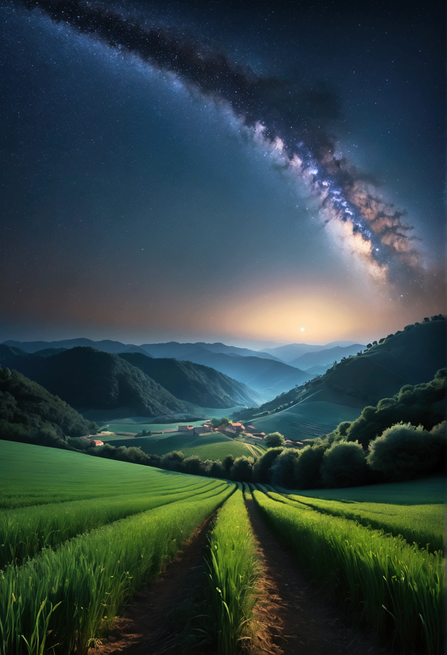 In the fields or mountaintops at night, the starry sky is like a dream, inspiring infinite imagination. Use a wide-angle lens to capture the panoramic view of the starry sky and the landscape of the ground. Beautiful cinematic lighting, surreal, RAW photo, color graded, dynamic movement, captivating chiaroscuro, award-winning, cinematic still, emotional, vignette, dynamic, vivid, (masterpiece, best quality, photorealistic, Professional, perfect composition, very aesthetic, absurdres, ultra-detailed, intricate details:1.3)