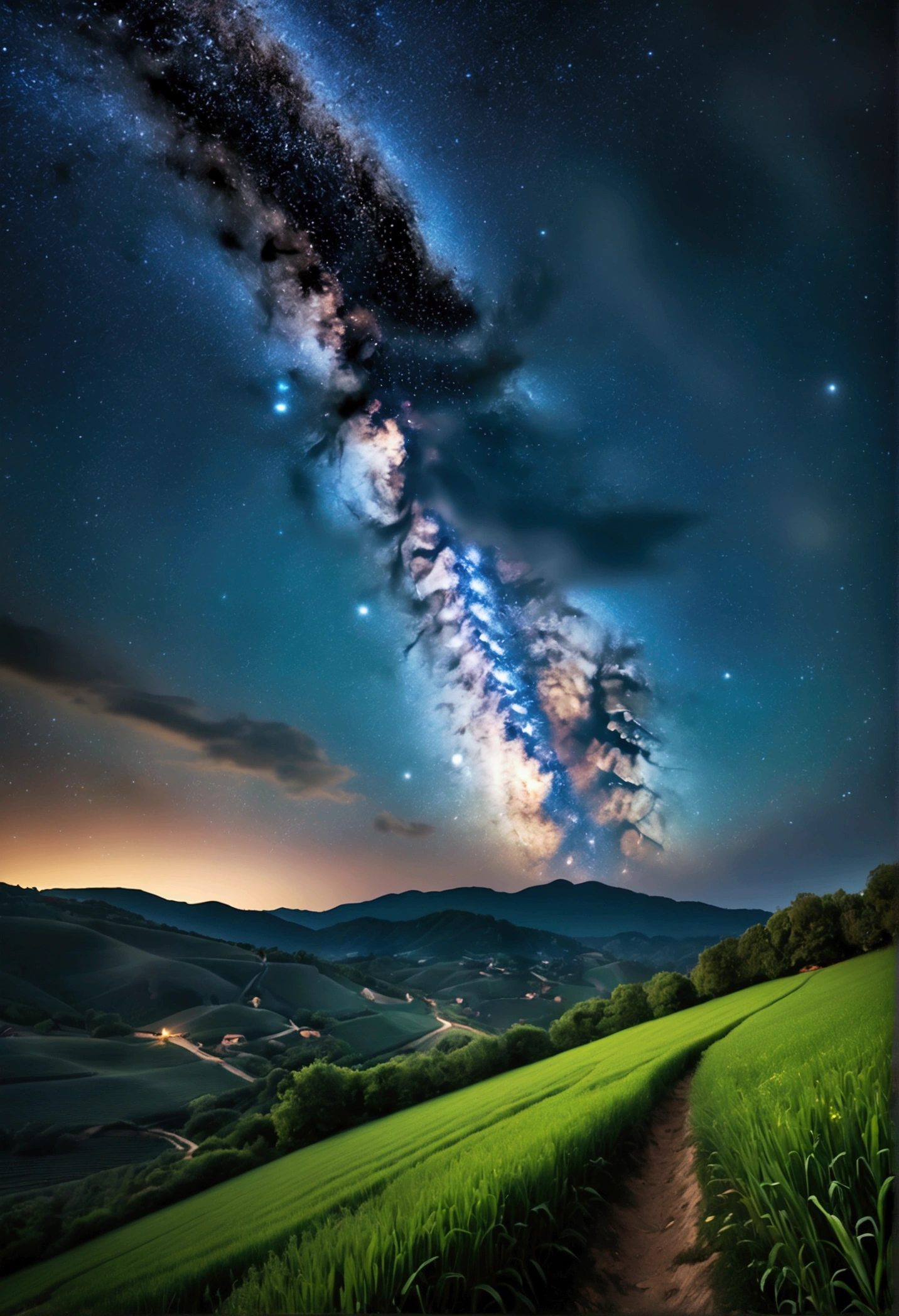 In the fields or mountaintops at night, the starry sky is like a dream, inspiring infinite imagination. Use a wide-angle lens to capture the panoramic view of the starry sky and the landscape of the ground. Beautiful cinematic lighting, surreal, RAW photo, color graded, dynamic movement, captivating chiaroscuro, award-winning, cinematic still, emotional, vignette, dynamic, vivid, (masterpiece, best quality, photorealistic, Professional, perfect composition, very aesthetic, absurdres, ultra-detailed, intricate details:1.3)