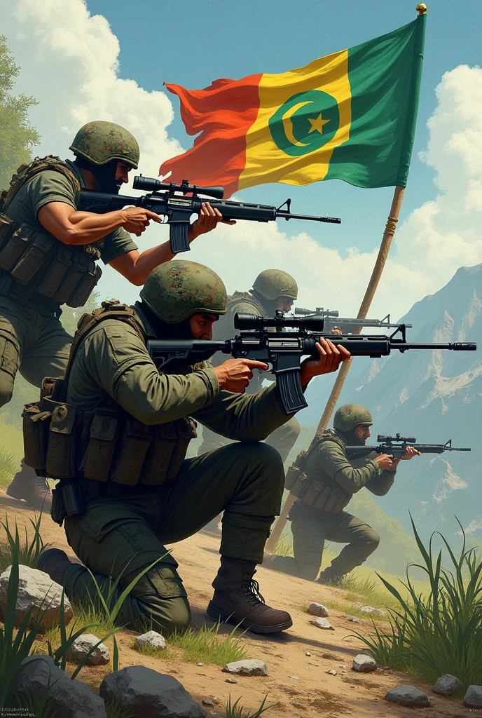 Guerilla fighters with green yellow and red color  logo and flag conservatively named Fano , made their own weapons like sniper,rocket Ak 47 and heavy weapons.