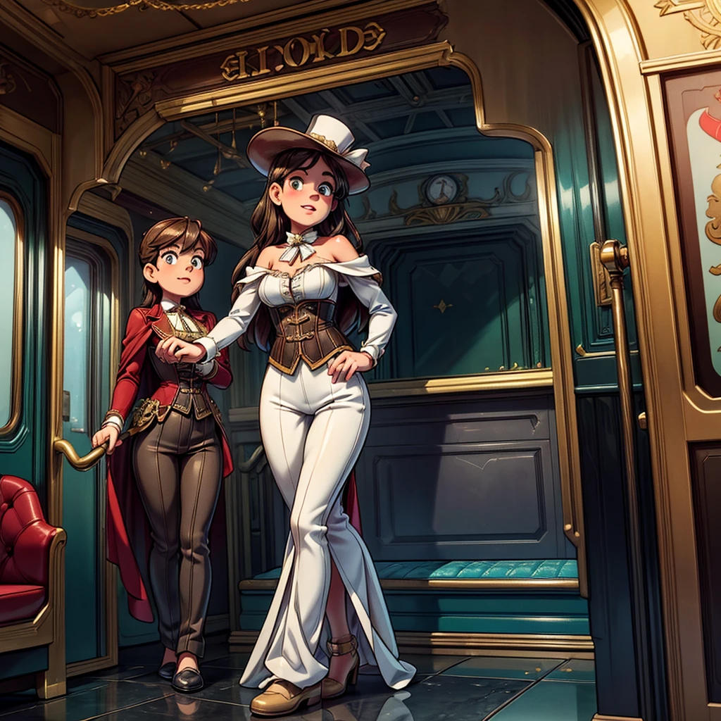 (best quality,4k,8k,highres,masterpiece:1.2),ultra-detailed,(realistic,photorealistic,photo-realistic:1.37),steam punk,a luxurious Train Station,spotlessly clean,several steam punk entertainment gadgets are present,golden steam-powered machines,exquisite clockwork mechanisms,elaborate brass gears and cogs,steaming pipes and valves,ornate Victorian architecture,impeccably polished marble floors,vintage leather-upholstered seating,gleaming crystal chandeliers,elegant top hats and corsets,curved wrought-iron staircases,copper-clad ticket booths,an opulent waiting lounge with plush velvet seats,an old-fashioned ticket conductor standing at the platform,steam-powered trains arriving and departing with a majestic hissing sound,couples in elegant attire waiting to board the train,a sense of excitement and anticipation in the air,beautifully painted vintage train carriages,puffs of steam billowing from the engines,strategically placed gas lamps casting a warm glow,sounds of clinking tea cups and laughter from a nearby café,vivid colors of rich burgundy,deep emerald green,and shimmering gold,all perfectly illuminated by the soft natural light streaming through large stained glass windows,captured in a timeless moment of Victorian elegance and steam-powered marvels.