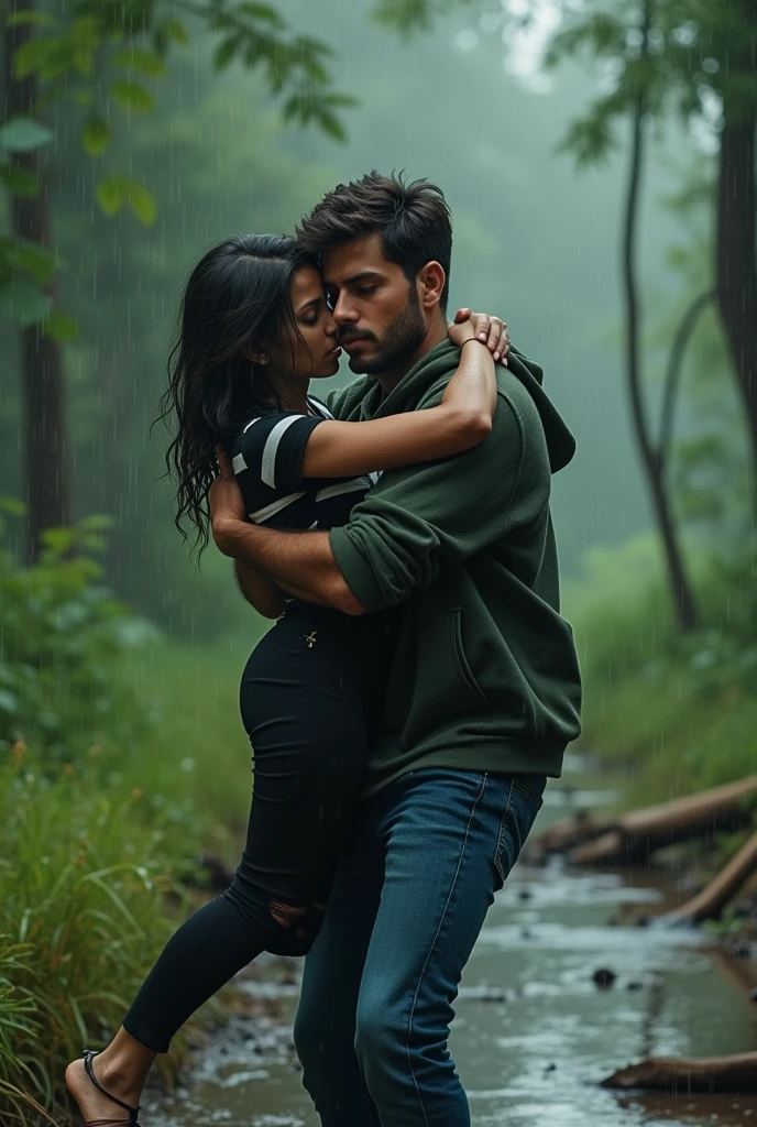A 19 years old boy who wears a dark green colour hoodie and blue colour denim pant with little bit of beard lifting and carrying a 19 years old girl horizontally who wears a black and white colour horizontal line t shirt and black pant hugging him with little scare in his hands realistic in between lots of trees and grasses filled with rain water 