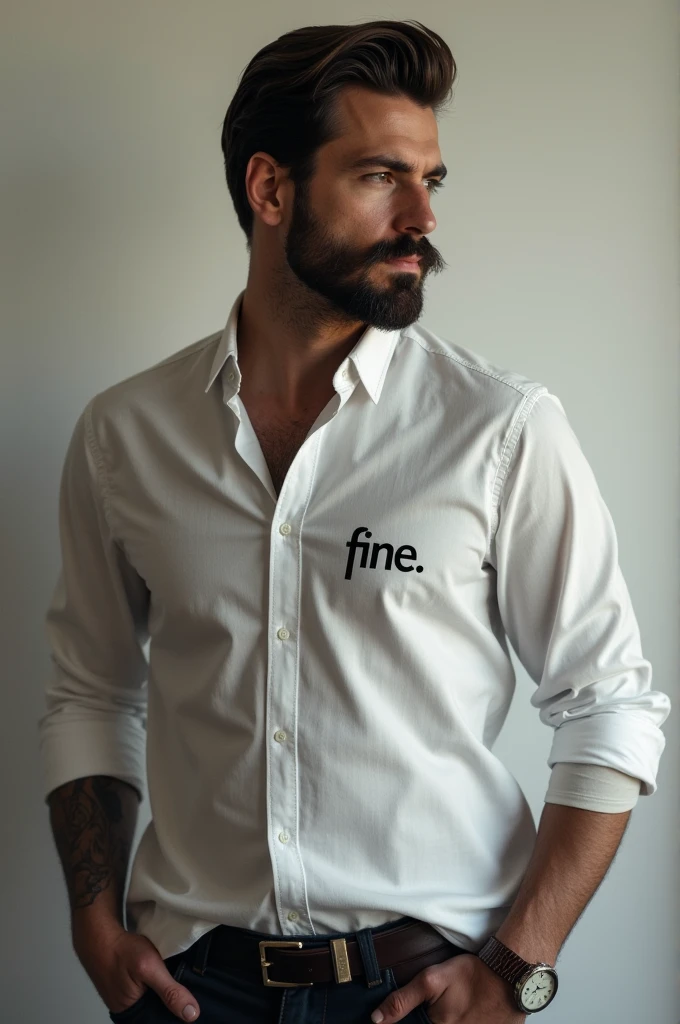 man with beard,( high resolution), wearing a shirt with a minimalist logo that says Fine 