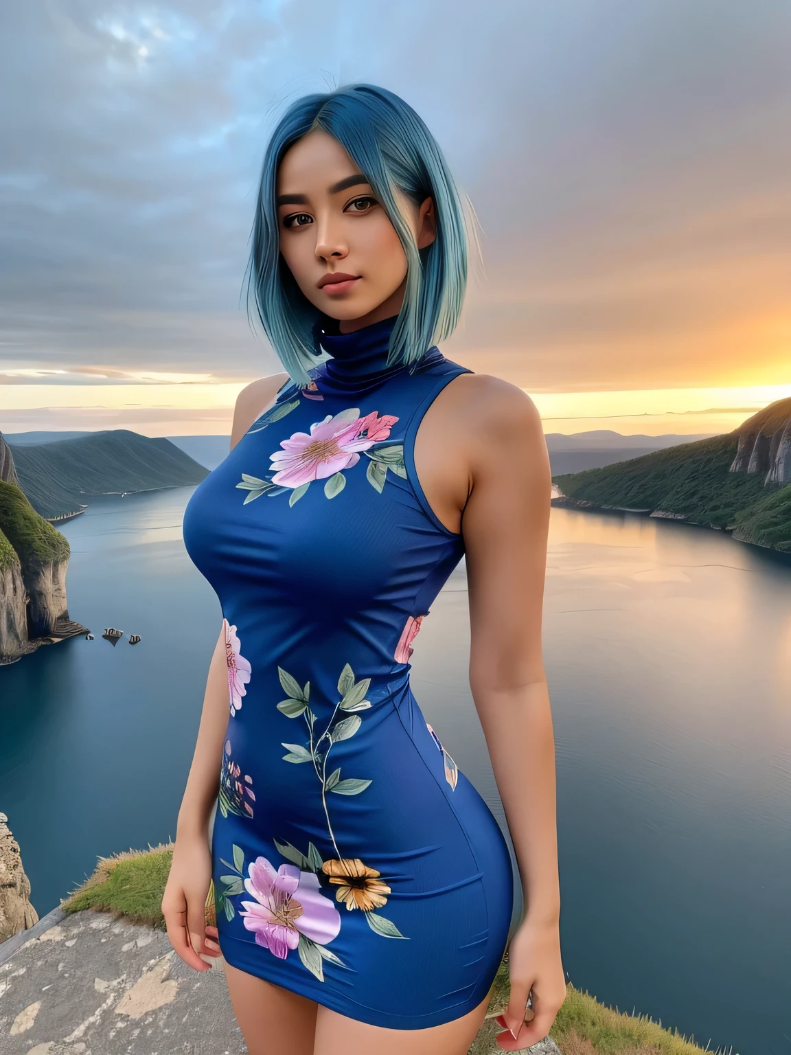 (blue hair:1.4), short hair, realistic green eyes, cobalt hair, long bob hair, tousled hair, shoulder length hair, Full body, woman with white skin and Asian features, 24 year old, big breast. Her face has an oval shape with high cheekbones that add to her model-like appearance. (crack), detailed (texture!, shine, color!!, flaws: 1.1), highly detailed glowing eyes, (looking at camera), specular light, dslr, extreme quality, crystal clear, cute face, detailed skin pores, oil Dark skin, brown, complex eye details, she is far from the camera, A full-body portrait, captured from a distance. Dynamic Frame, 8K, beautiful, realistic, (scenic view from beautiful european landscape:1.3), looking at viewer, full body shot , ,slender body shape, ((colorful floral print tight turtleneck dress)), (short hair:1.3)