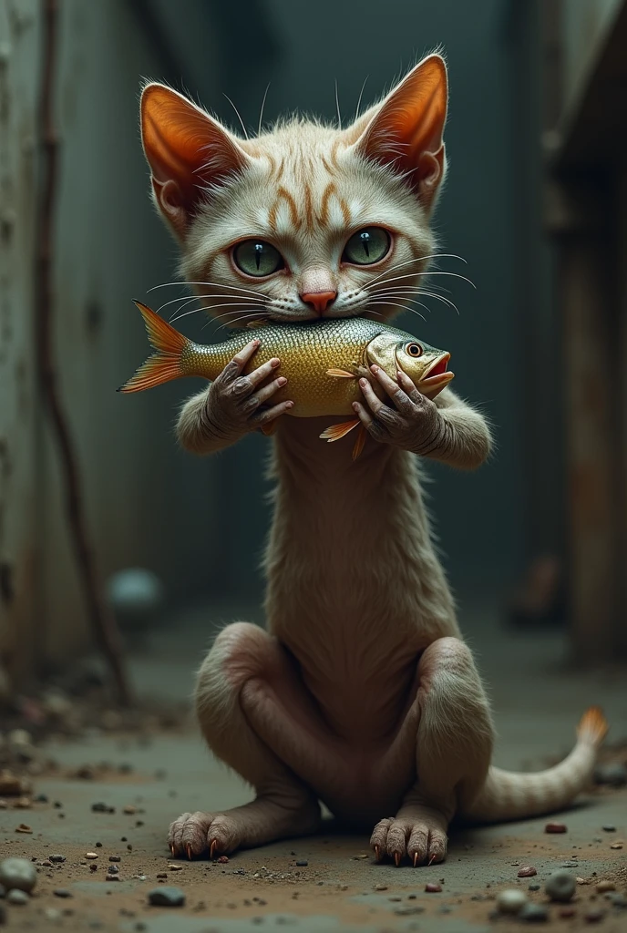 Un chat malade et maigre pauvre qui mange un poisson