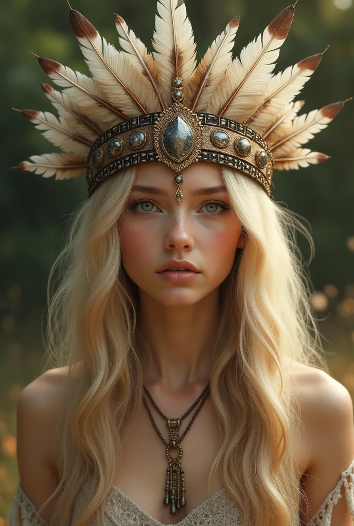 A blonde girl with an indigenous crown