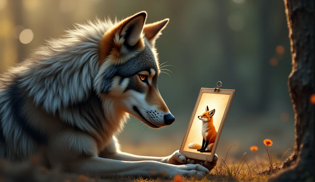WOLF ADMIRING A PHOTO OF A FOX