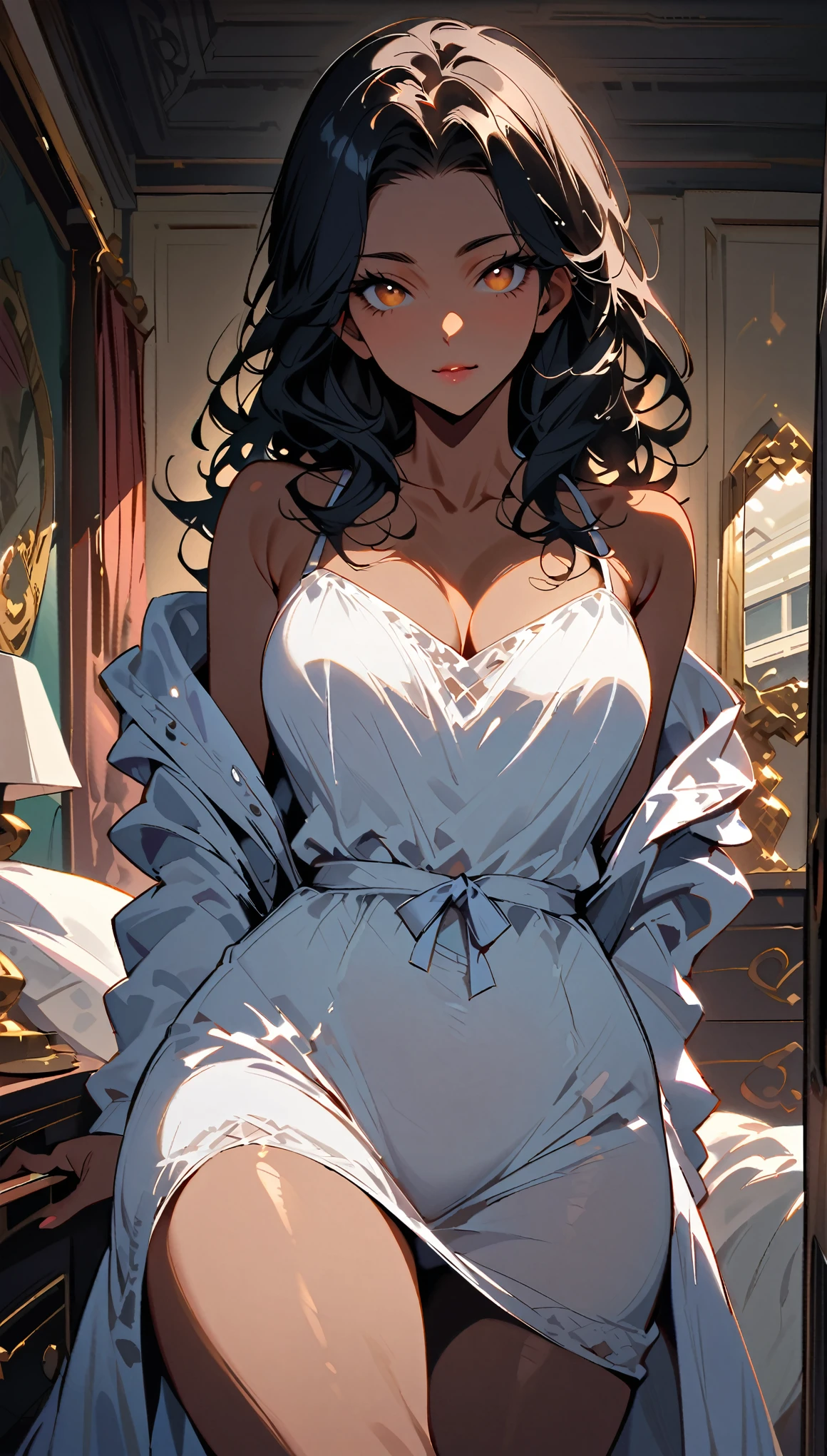 (Long wavy black hair:1.2), Beautiful 45 year old lady female futanari, curvy body, Brown Skin, (bulge in crotch:1.1), (Wearing a white night gown;1.3), View from the front, Waist up shot, seductive pose, Intricate facial details, hotel room