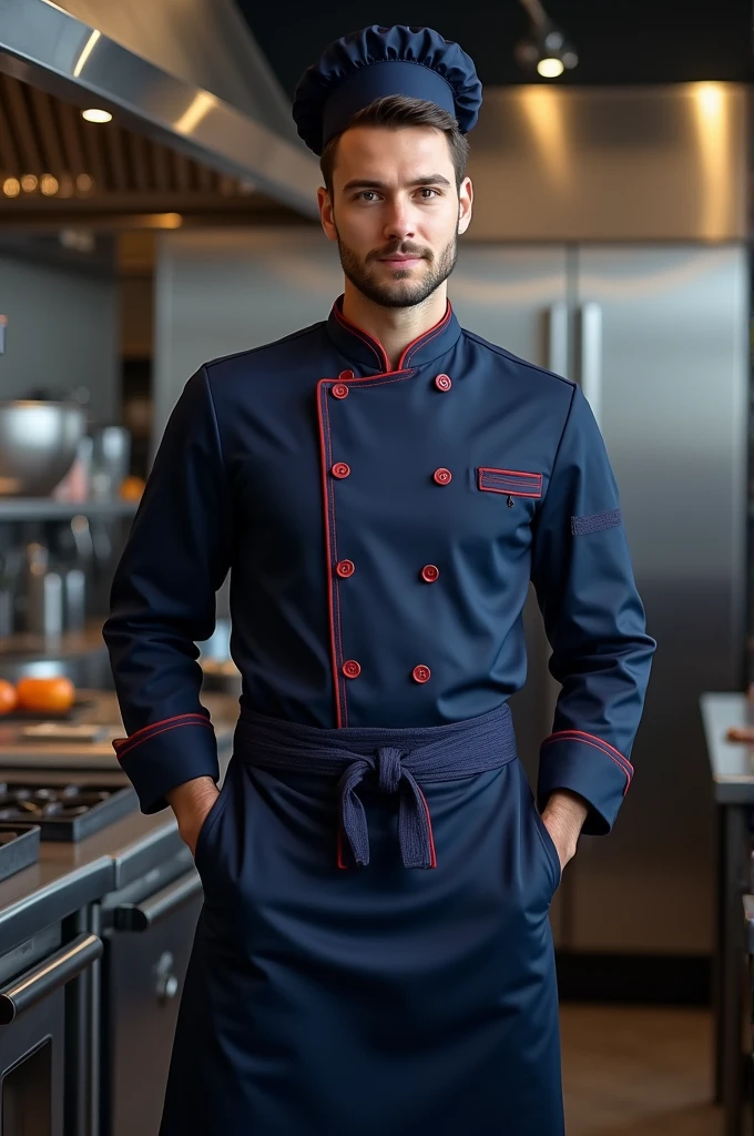 Navy blue chef&#39;s uniform with lead