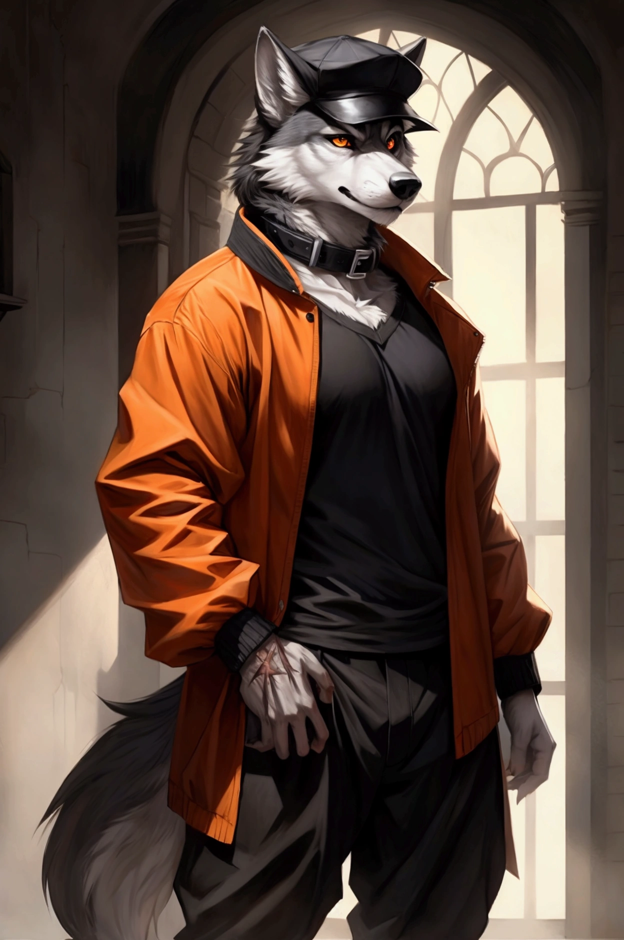 Anthropomorphic wolf wears a dark t-shirt, wide black pants, a large orange jacket, loose sleeves over his shoulders, a two-lined jacket collar on his shoulders, the jacket is large and long, he wears a dark cap, some scars on his right eye, dark and white fur, one black eye and another light gray eye, he has many scars on his body