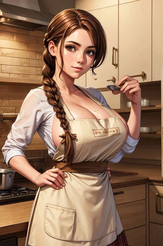 millers daughter, apron, flour on face, full breasts, skirt, brown hair in a braid, sfw