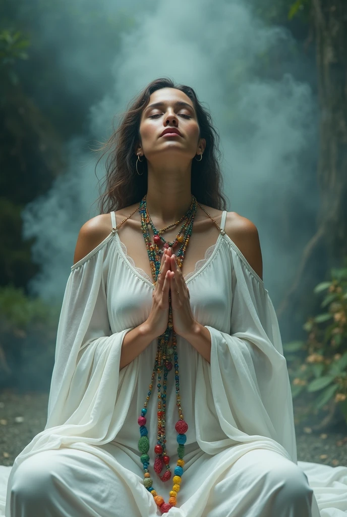 make a woman in white with closed eyes holding her colorful umbanda protective bead necklaces. The image needs to be mystical