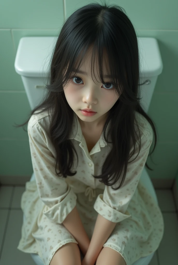 best quality, face focus, soft light, ultra high resolution, (realistic:1.4), RAW photos,
1Japanese girl, alone, cute, (student, light in the eyes),  detailed beautiful face, (),(High resolution details of human skin texture),
(long hair),
restroom,Sitting on the toilet,Damask shirt dress with diarrhea,
(portrait)