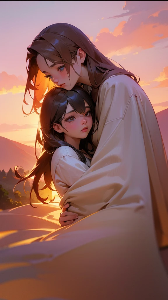 a beautiful anime couple hugging each other, sunset, red sky, dramatic clouds, mountain landscape, detailed faces and anatomy, beautiful detailed eyes, beautiful detailed lips, extremely detailed skin, intricate hair, romantic atmosphere, warm lighting, cinematic composition, award winning digital art, soft pastel colors, vibrant colors, (best quality,4k,8k,highres,masterpiece:1.2),ultra-detailed,(realistic,photorealistic,photo-realistic:1.37),detailed background