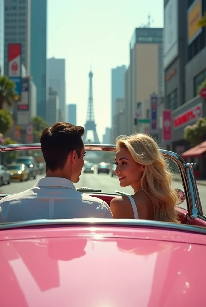 Perfect taller and handsome tall European man with short straight dark hair drive pink convertible spot car with perfect beautiful so long beautiful curly blonde hair girl sit beside him in the convertible sport car driving around the big town view picture with big view of them at big town in Bangkok city Thailand view